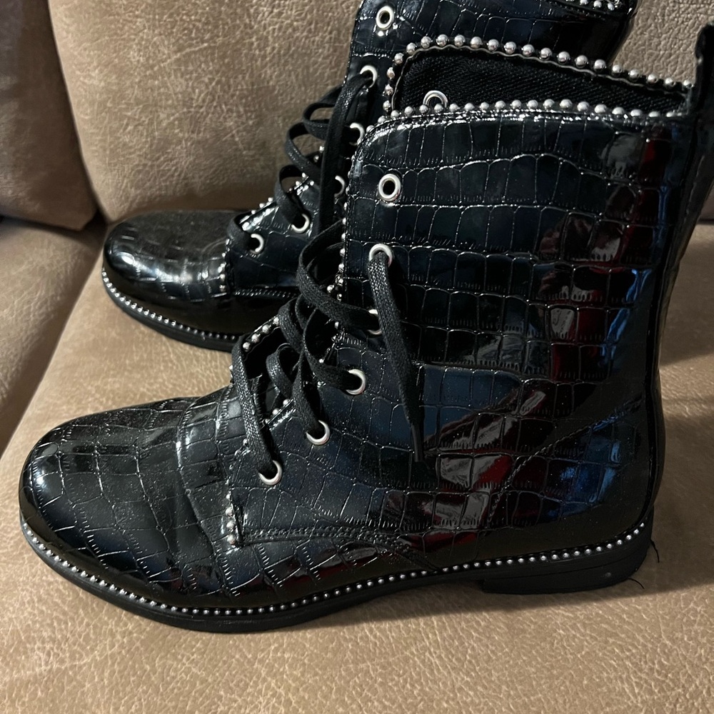 Sleek Black Croc-Embossed Combat Boots